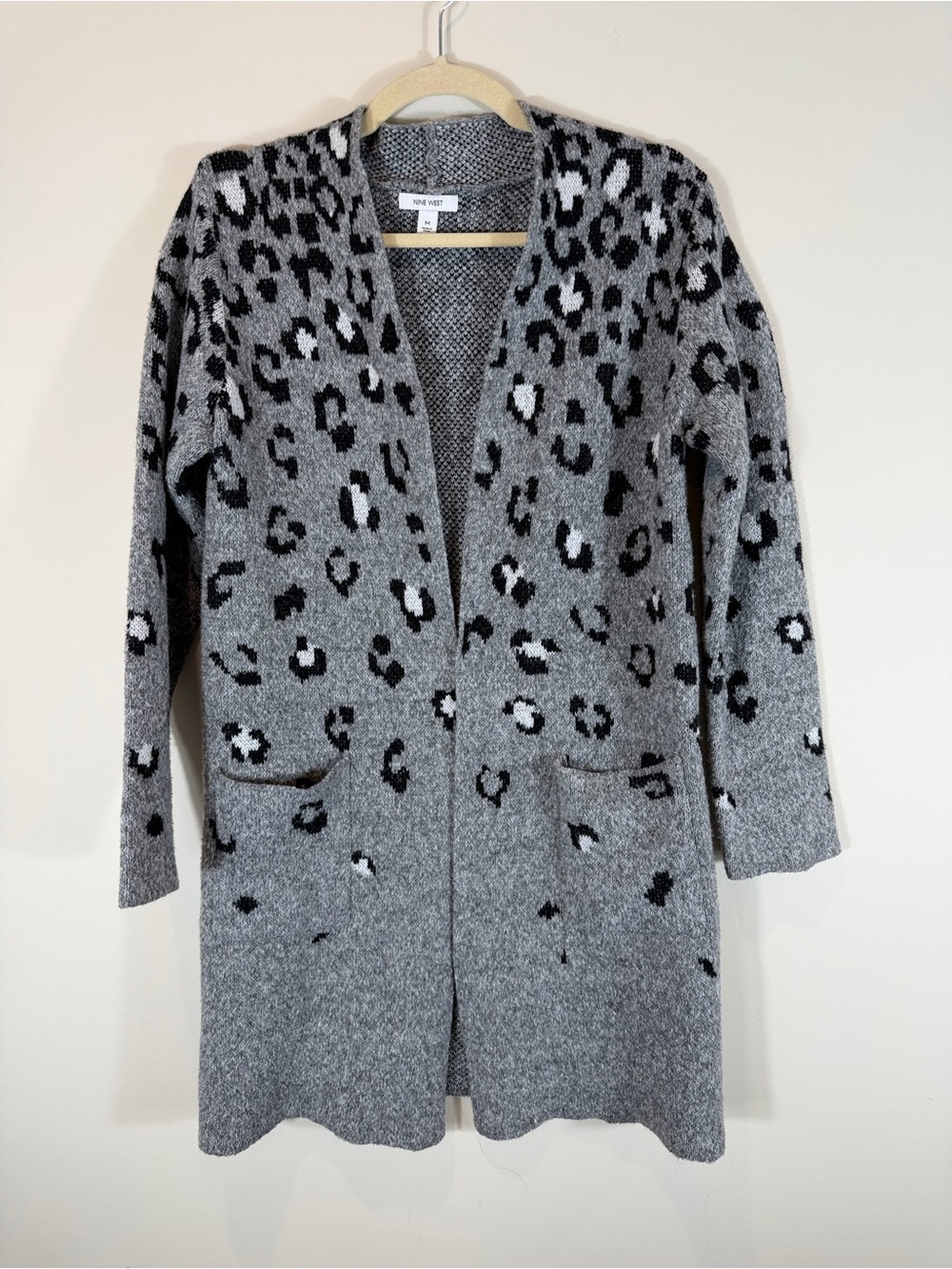 Nine West Gray Leopard Print Open Long Cardigan Size Medium